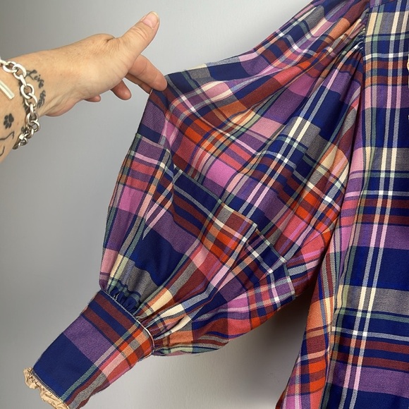 Free People Bexley Balloon Sleeve Plaid Top Relaxed Oversize Fit XS Button Front - Picture 9 of 16